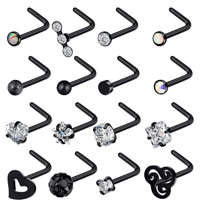 16-32Pcs Black 316L Steel Nose Rings Hoop L Shape Nose Studs Screw Bone Stud 20g - Image 1 of 4