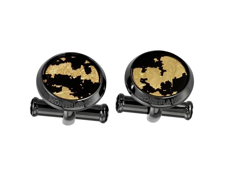 MONTBLANC GEMELOS ACERO INOXIDABLE NEGRO HOJA DE ORO NUEVOS SIN CAJA ALEMANIA 112907 Foto 1 de 1