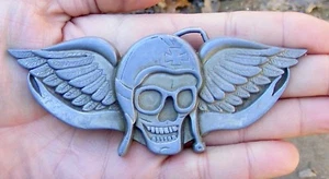 Vtg PILOT WINGS Belt Buckle 3D Outlaw 5" Aviator MC Skull MBCI Brass RARE VG+ - Picture 1 of 4