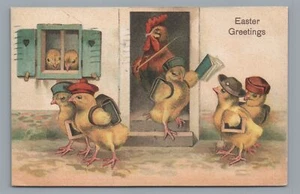 OSTERN Grüße anthropomorphe gekleidete Küken in der Schule Vintage Postkarte - Bild 1 von 2