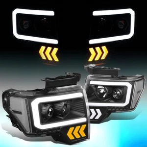 FOR 2009-2014 FORD F-150 LED ARROW TURN SIGNAL PROJECTOR HEADLIGHTS BLACK/CLEAR - Picture 1 of 12