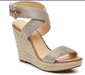 Jessica Simpson Jaulinna Gold Espadrille Ankle Strap Wedge Sandals Size 8M Luxe - Picture 1 of 13