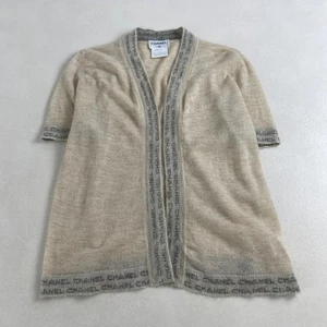 CHANEL Cardigan Size 42 L Cashmere Beige Gray Logo Trim Women - Picture 1 of 7