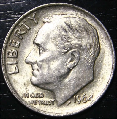 1964 Roosevelt Dime 90% Silver 10c US Coin Philadelphia Mint AU - Image 1 of 2