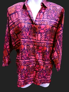 Vintage rot orange Thai Seide abstraktes Muster Knopfleiste Bluse Kragen Gr. XL - Bild 1 von 23