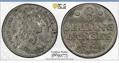 1729 Denmark 8 Skilling Silver Coin King Frederik IV  PCGS FINEST KNOW 1/1 Xf45 - Image 1 of 2