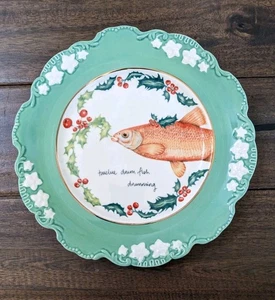 Anthropologie Lou Rota 12 Days of Christmas 12 Drum Fish Drumming 9” Plate New - Picture 1 of 6