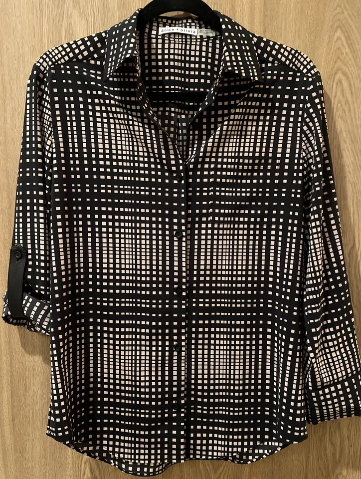Alice + Olivia Blouse Sz XS Black And Tan Grid Lamb Leather Roll Tab - Image 1 of 4
