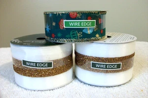 2  "Place & Time (JoAnn's) 2.5" x 8.3 Yds. White & Gold Christmas Ribbon + BONUS - Picture 1 of 2