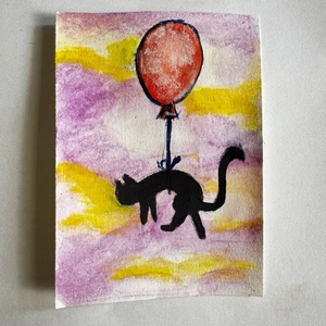 Original Aquarell Miniatur ACEO Kartendruck Katze Katze Tier Katze rot Ballon - Bild 1 von 2