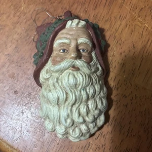 Ancien ornement visage de Père Noël en bois 3" - Photo 1/2