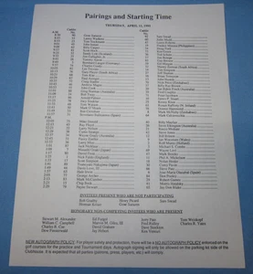 Pairings and Start Time Sheet ~ Masters Golf Tournament Thursday April 11, 1991 - Picture 1 of 3