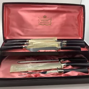 Vintage Sheffield Crown Crest England Schnitzset & 6 Steakmesser schwarz Bakelit - Bild 1 von 10
