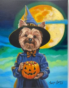 Halloween Hexe Yorkie Terrier Hund Original 8x10 Gemälde von Künstler OOAK - Bild 1 von 4