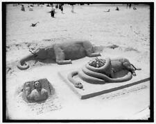 Sand modelling,sculptures,art,elephant,snake,lion,Atlantic City,New Jersey,1890