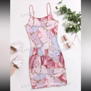 Neues figurbetontes Stretchkleid rosa, weiß & goldfarben Muster mit Salatbesatz ~ Größe L - Bild 1 von 6