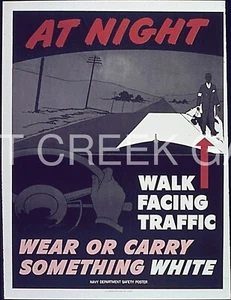 WWII Poster, "At Night Walk Facing Traffic" Art Print on 11x14" 22770 - Picture 1 of 1