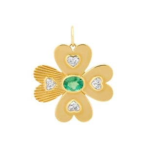 Diamond Four Leaf Emerald Clover Pendant 925 Silver Four Leaf  Clover Charm - Picture 1 of 3