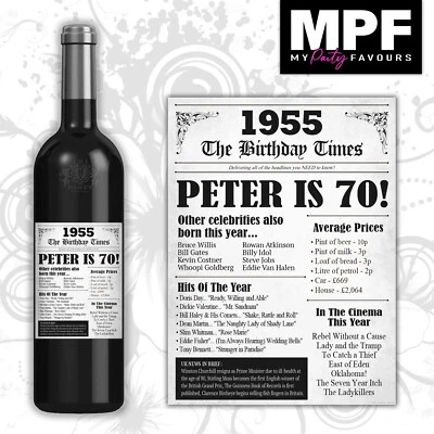 Personalised 1955 70th Birthday Wine Gin Vodka Bottle Label - Newspaper - Image 1 of 4