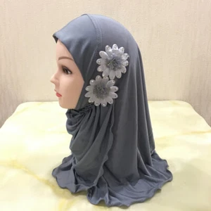 Muslim Girl Plain Hijab Scarf with Flowers for 2-7 Years Old Kids Soft Headscarf - Picture 1 of 29