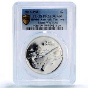 British Antarctic 2 pounds Sperm Whale Wildlife Fauna PR69 PCGS silver coin 2016 - Picture 1 of 2