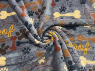 CRS FUR FABRICS Double Sided Super Soft Cuddle Fleece Fabric Material BONES PAWS WOOF GREY