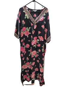 Winlar Caftan Black Satin Pink Roses Womens One Size Fits Most - Picture 1 of 9