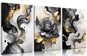 3 Stck. Schwarz und Gold Abstrakt Leinwand Wandbilder Modern Schwarz Grau und Gold Marmoriert... - Bild 1 von 7