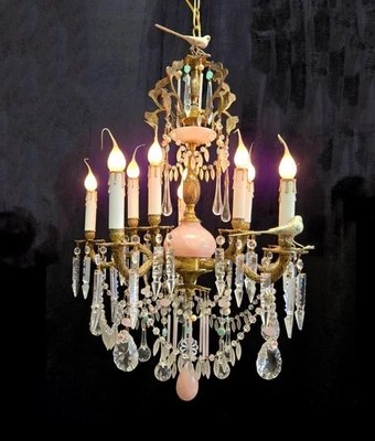 Lámpara de araña vintage de 10 luces de 22" x 30" de cristal de alabastro rosa y latón para pájaros única en su clase Foto 1 de 4