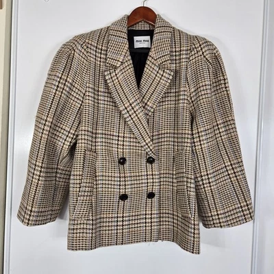 Chaqueta Miu Miu Grande Doble Pecho Cuadros Lana-tweed Marrón Cacao Tartán Med Foto 1 de 4