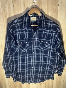 VTG Dee Cee Western Shirt Mens 15.5 33 Sawtooth Flannel Blue Plaid Made In USA - Picture 1 of 7