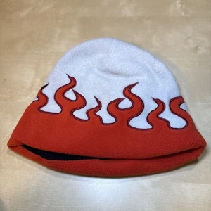 LL Bean Hat Cap Beanie Boys Medium Orange White Flame Logo Fleece Y2K Skater - Picture 1 of 6