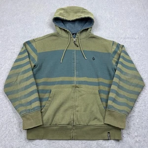 Volcom Sweatshirt Mens Medium Green Striped Sherpa Lined Full Zip Hoodie Y2K Sk8 - Picture 1 of 12
