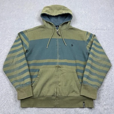 Volcom Sweatshirt Mens Medium Green Striped Sherpa Lined Full Zip Hoodie Y2K Sk8 - Image 1 of 4