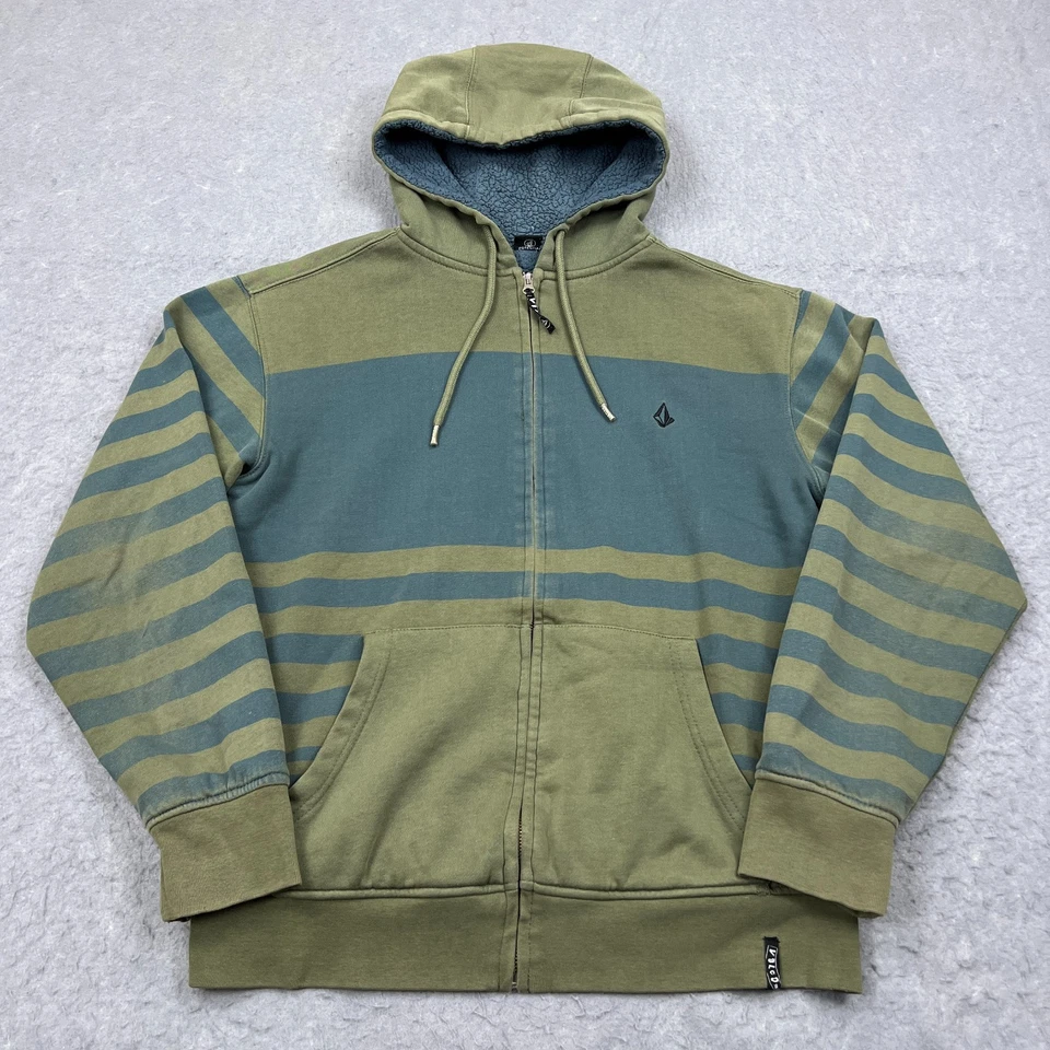 Volcom Sweatshirt Mens Medium Green Striped Sherpa Lined Full Zip Hoodie Y2K Sk8 - Image 1 of 4
