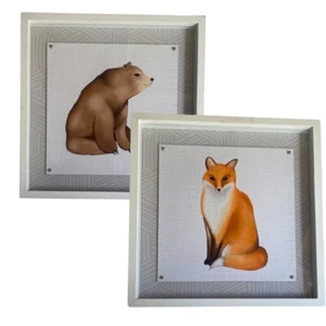 16x16” Animal Photo White Frame Brown Bear & Fox Wall Decor Home Display - Picture 1 of 9