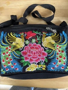 Crossbody Canvas Bag Embroidered Peacocks Bright Shoulder Barely Used Colorful - Picture 1 of 7