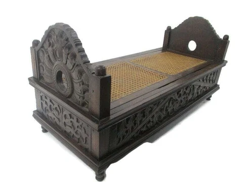 Antique 19th Century Wooden Breton Cradle Crib turned into Chest with Rush seati Cover