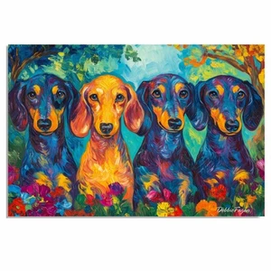 Art of Four Dachshund Dogs Floral Garden Flat Rolled, Framed or Wrapped Canvas - Picture 1 of 19