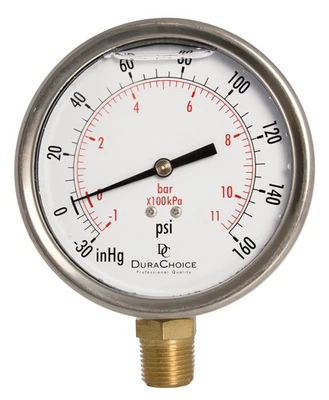 4" Oil Filled Pressure Gauge, SS Case, 1/2" NPT, Lower Mount, -30HG/160PSI - Image 1 of 3