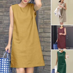Womens Cotton Linen Sleeveless Mini Shift Dress Summer Beach Solid Sundress PLUS - Picture 1 of 17