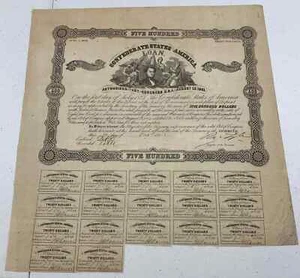 Type 66, Ball 81, 1862 $500 Confederate States of American Loan w/ 17 coupons - Picture 1 of 2
