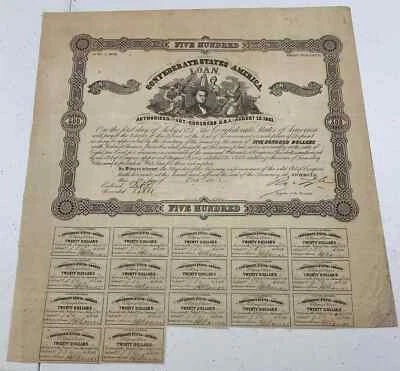 Type 66, Ball 81, 1862 $500 Confederate States of American Loan w/ 17 coupons - Image 1 of 2