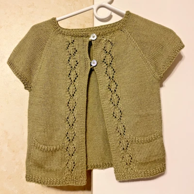 Youth Girl's Hand Knit/Made Sweater Green Short Sleeve w/Pockets/2 Button Top - Image 1 of 4