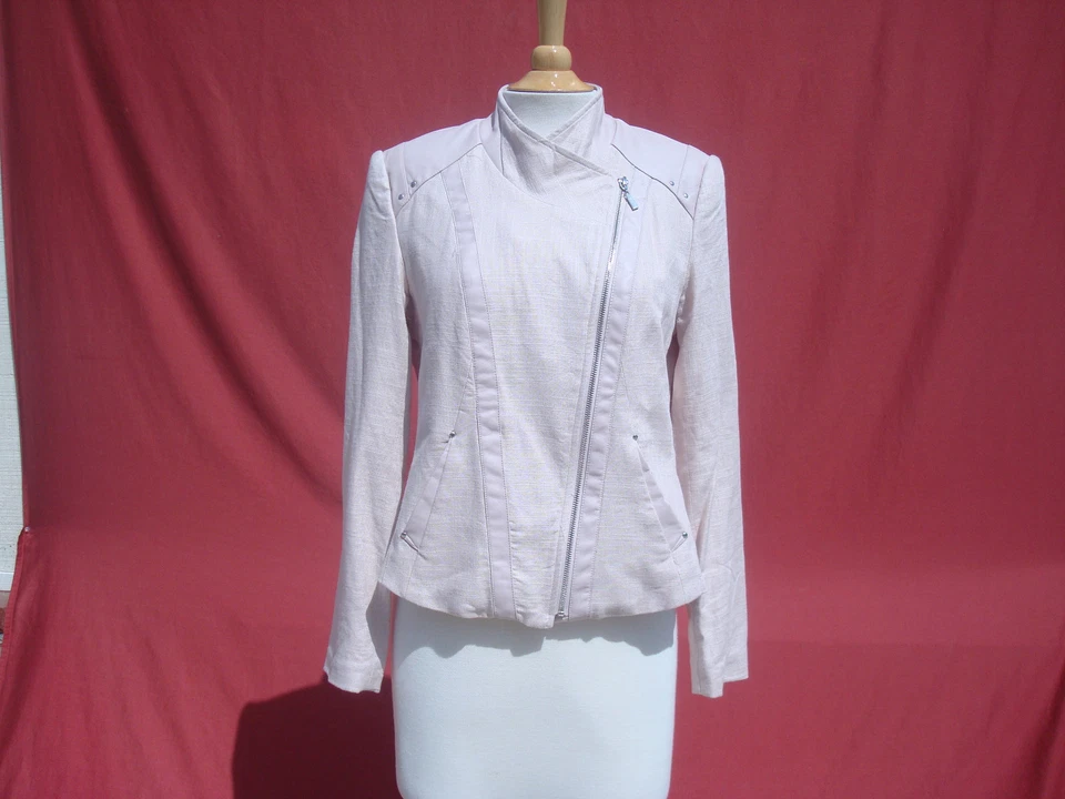 Nueva Chaqueta Blazer Mark Zunino Rosa Claro Cuero Borde Rayón Lino Para Mujer Talla 8 Foto 1 de 4