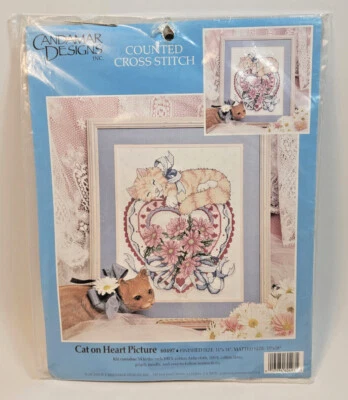 Vintage 1992 Candamar Designs Cat On Heart 60497 Counted Cross Stitch Kit New  - Image 1 of 2