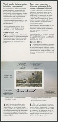 2010 CANADA FEDERAL WILDLIFE HABITAT CONSERVATION, GREEN-WINGED TEAL, VD.#FWH27 - Image 1 of 2