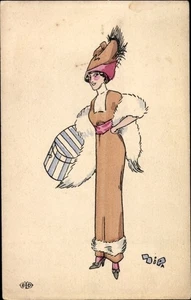 Künstler Ak Junge Frau, Pelzschal, Federhut, Mode - 3325222 - Bild 1 von 2