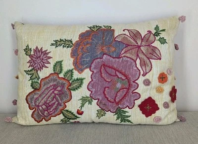 Pier 1 Decorative Pillow Embroidered Red Floral Flowers Gold Glitter Crochet - Image 1 of 4