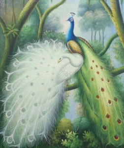 24x20 Pair of Blue and White Peacock Resting On Tree With Waterfall Oil - Bild 1 von 1